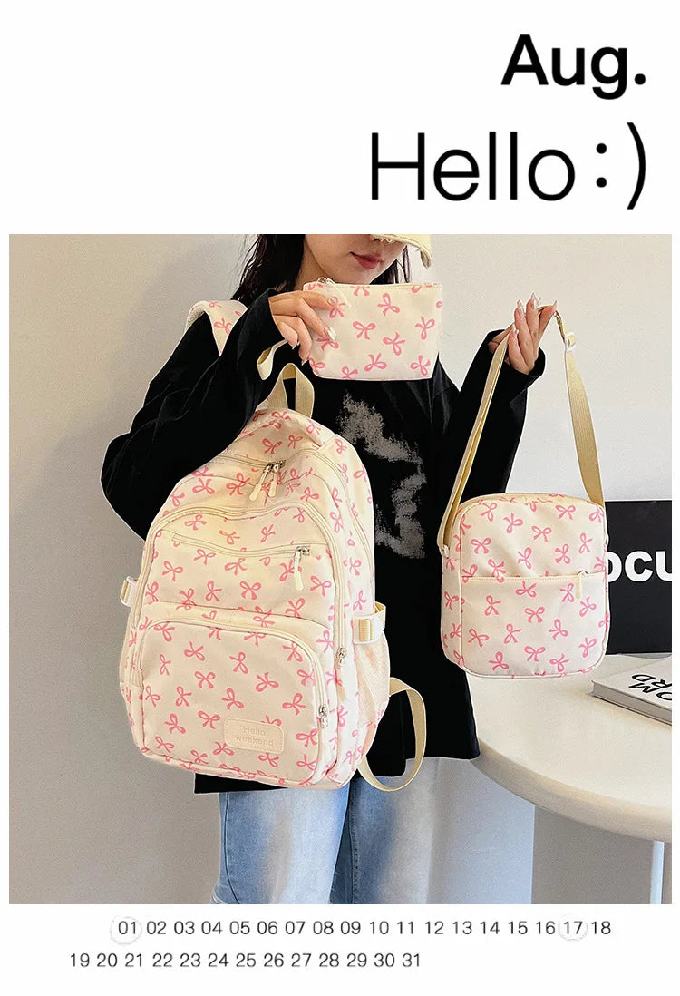 Juego de 3 Bolsas Escolares con Lazo, Mochila de Gran Capacidad, Mochila Casual de Viaje, Mochila Versátil, Bolsa Cruzada, Bolsas para Niñas
