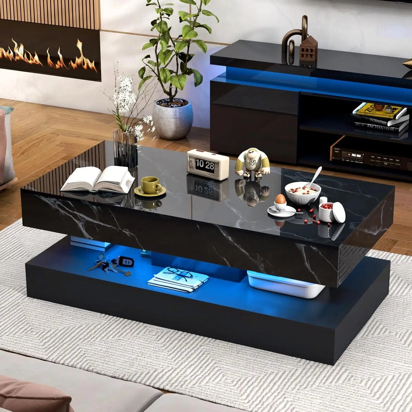 Mesa de Centro Moderna y Elegante con Luces LED, Diseño de Doble Capa para Sala de Estar con 2 Cajones de Almacenamiento