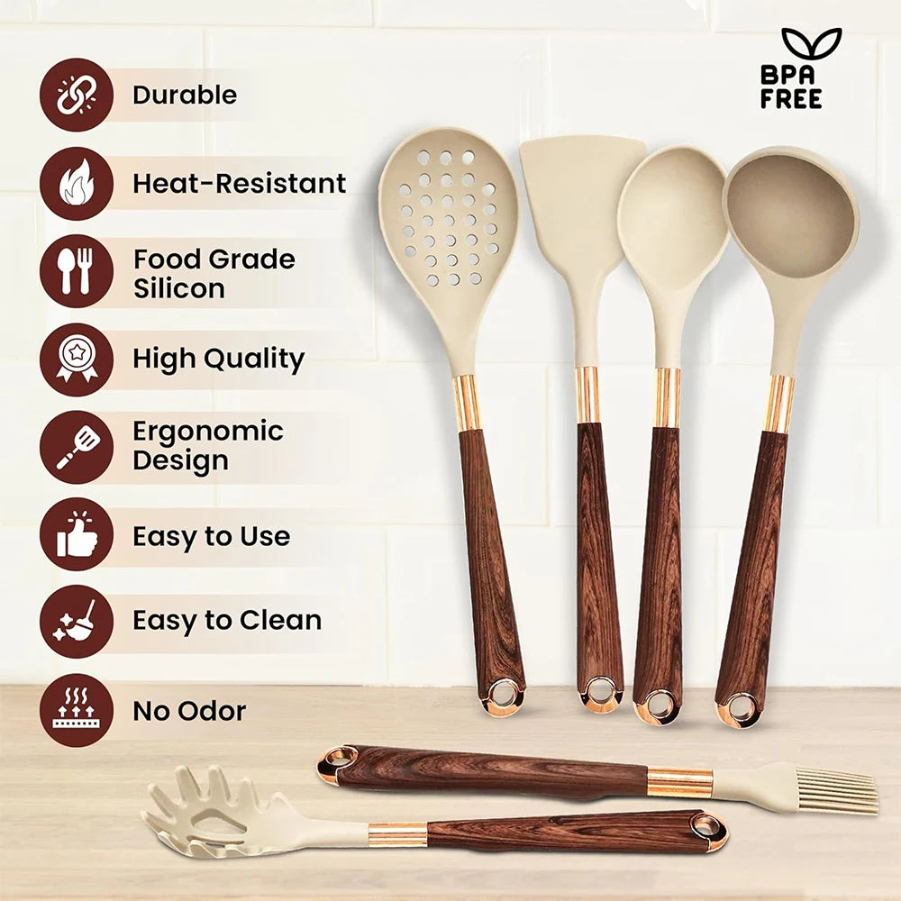 LMETJMA Juego de utensilios de cocina de silicona, 10 Uds., utensilio de cocina con soporte para utensilios, asas de patrón de madera, utensilios de cocina antiadherentes JT264