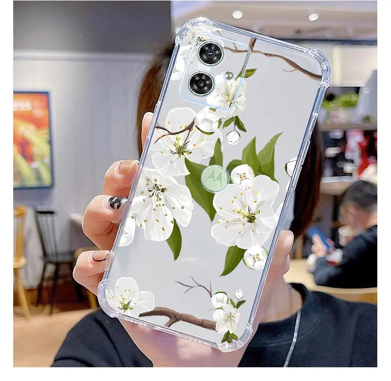 Funda de teléfono transparente G54 flores y hierba para Motorola Moto G54 G53 G52 G72 G82 G13 G73 G32 G84 G14 G42 G24Power G30 G9