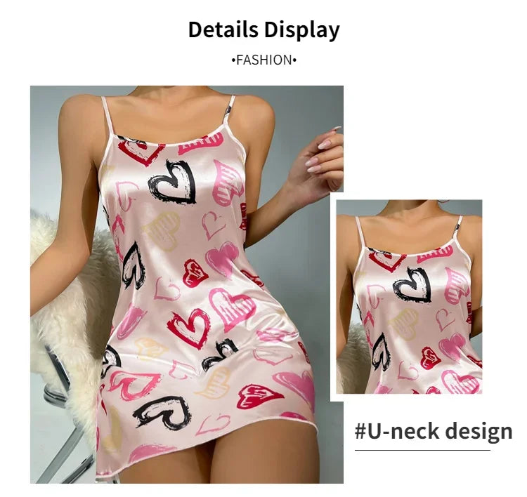 Camisón Sexy con tirantes para mujer, lencería Sexy de satén de seda, ropa de dormir con pintura Floral, minivestido para el hogar