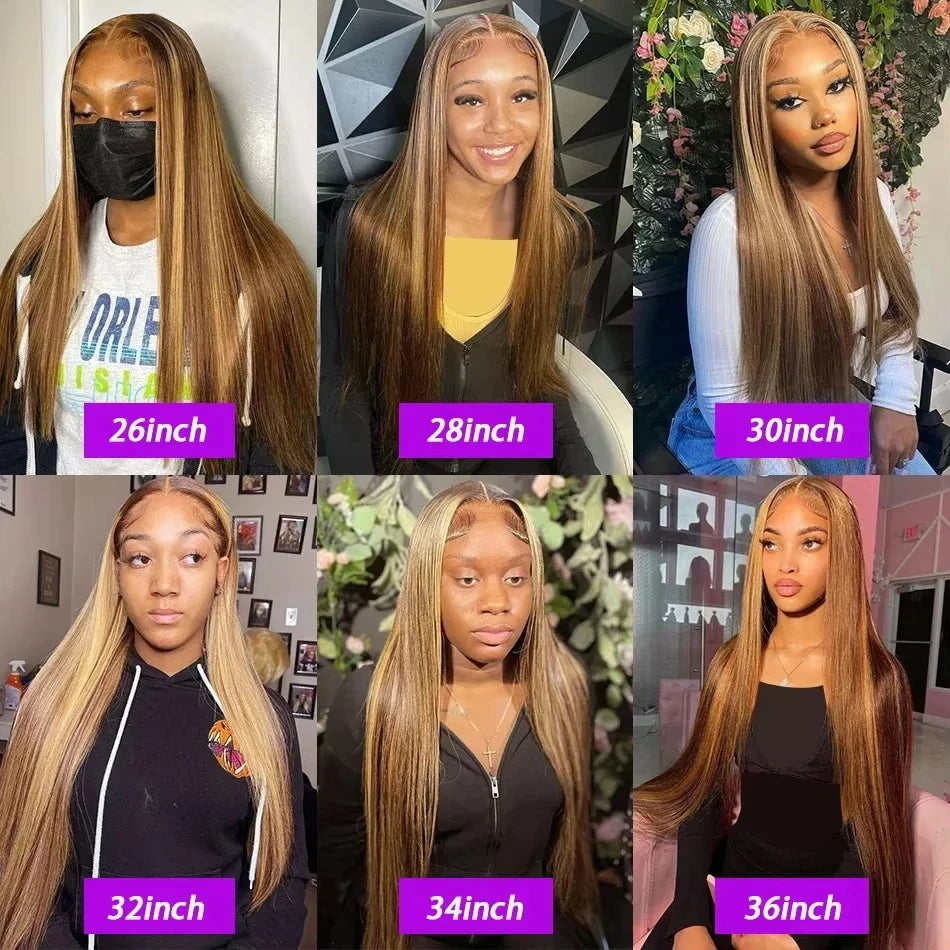 Peluca destacada de 30 y 40 pulgadas, pelucas de cabello humano liso, peluca Frontal de encaje HD 13x6, peluca recta 4/27, peluca ombré rubia miel