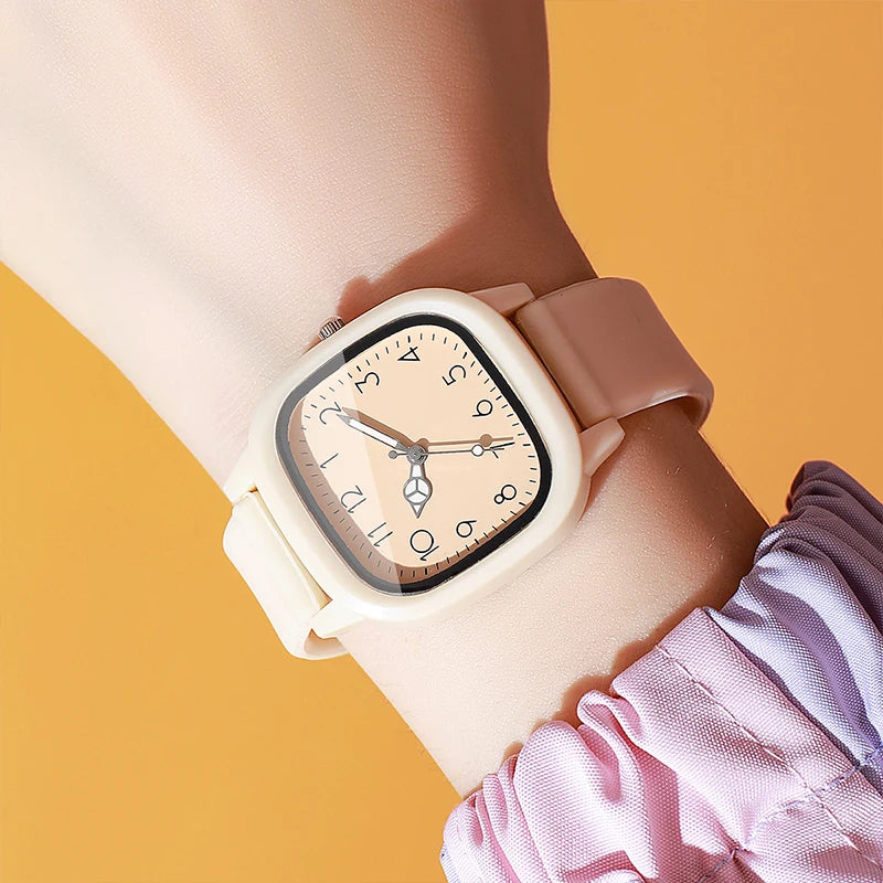 Relojes de Mujer con banda de silicona de Color caramelo a la moda, Reloj de pulsera de cuarzo con esfera cuadrada para Mujer, Reloj para niñas