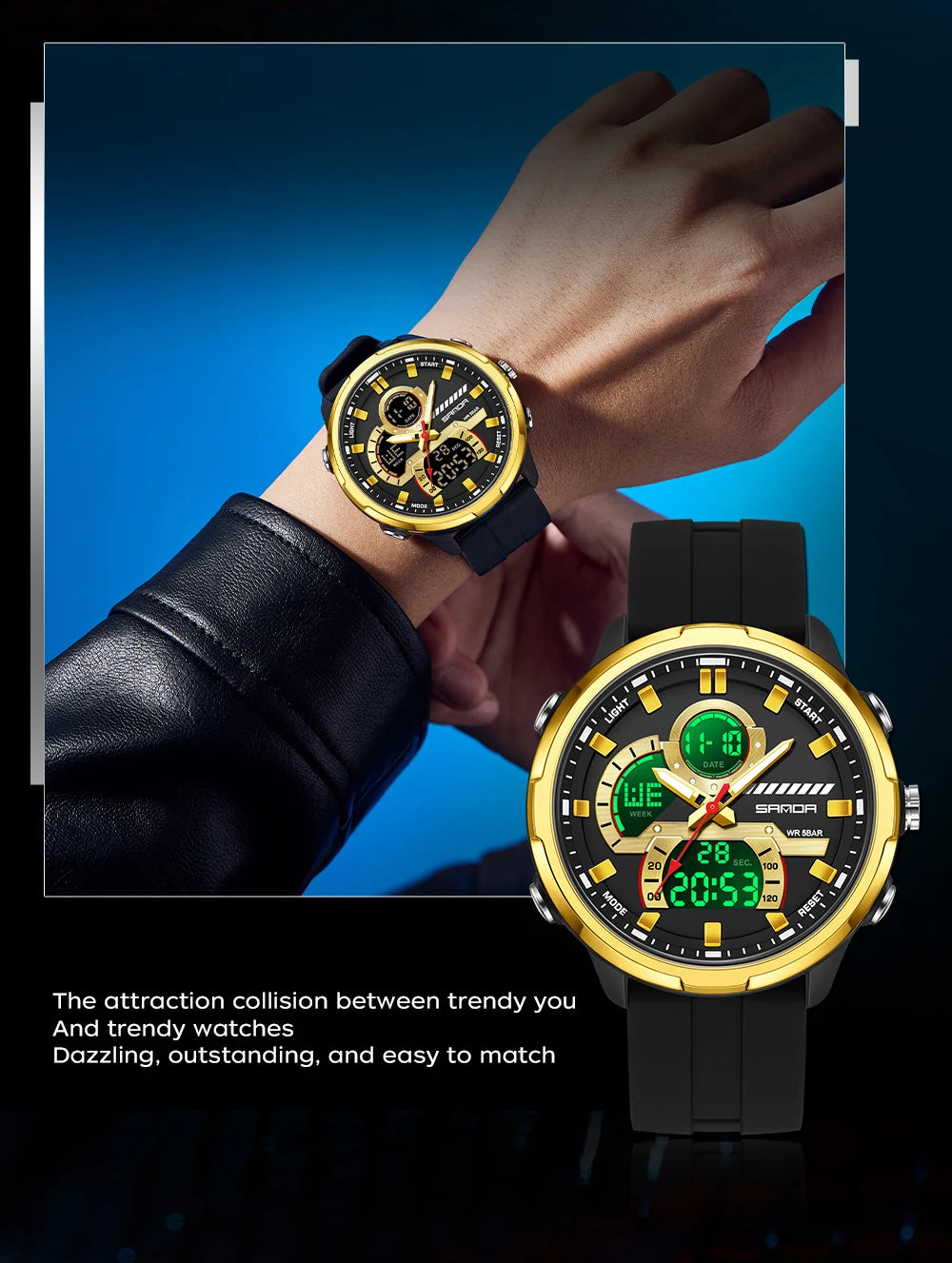 Reloj electrónico de cuarzo SNADA para hombre con pantalla Dual deportivo multifuncional LED resistente al agua reloj electrónico de cuarzo para hombre 9077