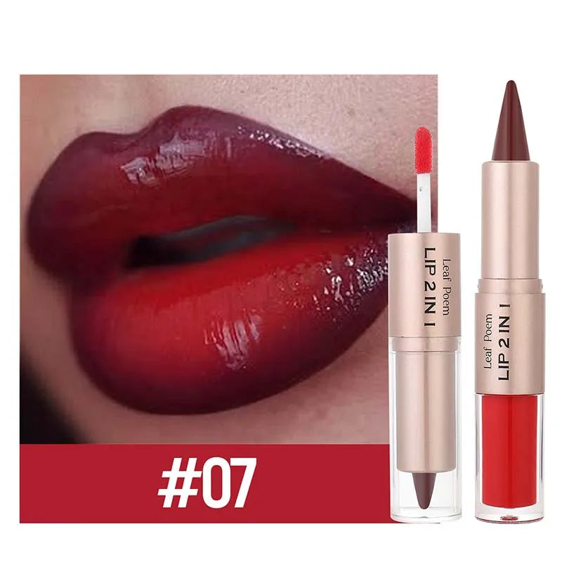 Lápiz Delineador de labios mate 2 en 1 de doble cabeza, resistente al agua, antiadherente, brillo de espejo, tinte de labios, brillo de labios marrón, maquillaje de lápiz labial