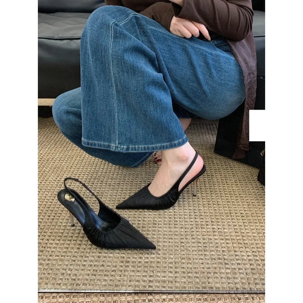 Aneikeh, moda de verano, diseño elegante, satén plisado, puntiagudos, zapatos de tacón con talón descubierto, sandalias sexis para mujer, tacones altos finos, zapatos de banquete