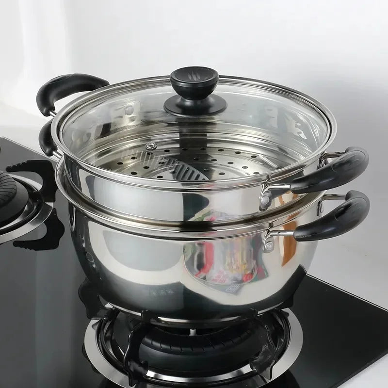Olla de cocina multifuncional, olla de sopa de acero inoxidable, mango antiescaldado engrosado, olla para cocinar al vapor, tapa de vidrio templado