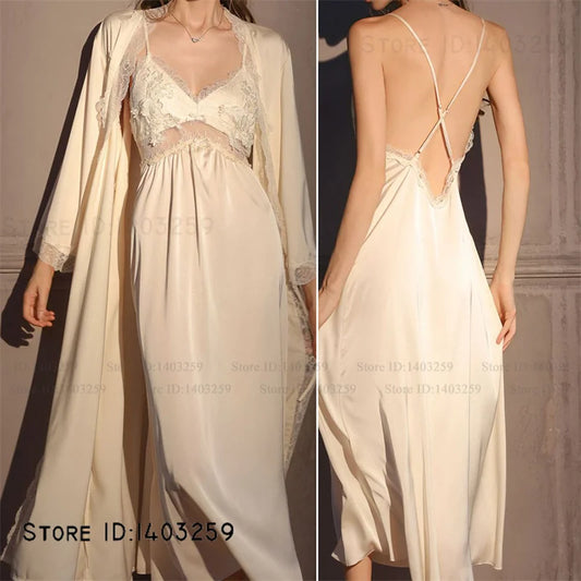 Conjunto de bata larga elegante para mujer, camisón de lencería Sexy, camisón con espalda descubierta, ropa de dormir para el hogar, ropa de dormir de satén de seda