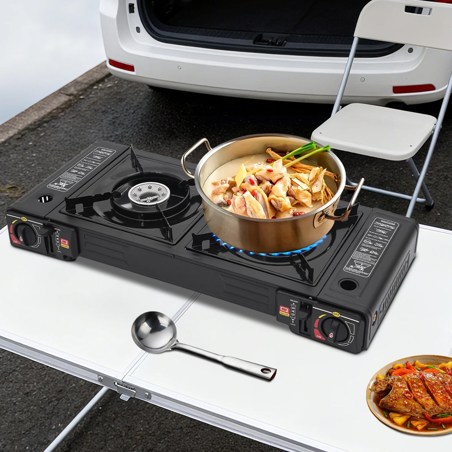 Estufa de Camping portátil de 2 quemadores, estufa de Gas butano/GLP de encendido automático de 2,5 kW con bandeja para hornear + Estuche de transporte para barbacoa pícnic al aire libre RV