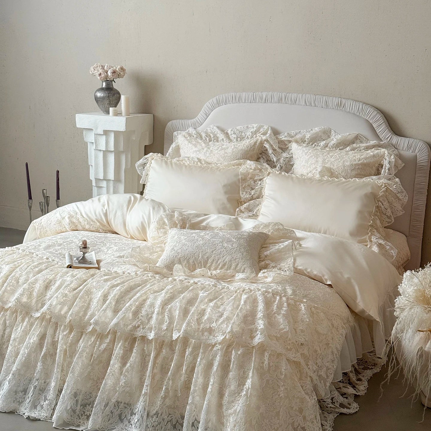 Juego de Ropa de Cama de Algodón Egipcio Beige, Juego de Funda Nórdica con Bordado de Encaje de Lujo, Sábanas y Fundas de Almohada, Textiles para el Hogar