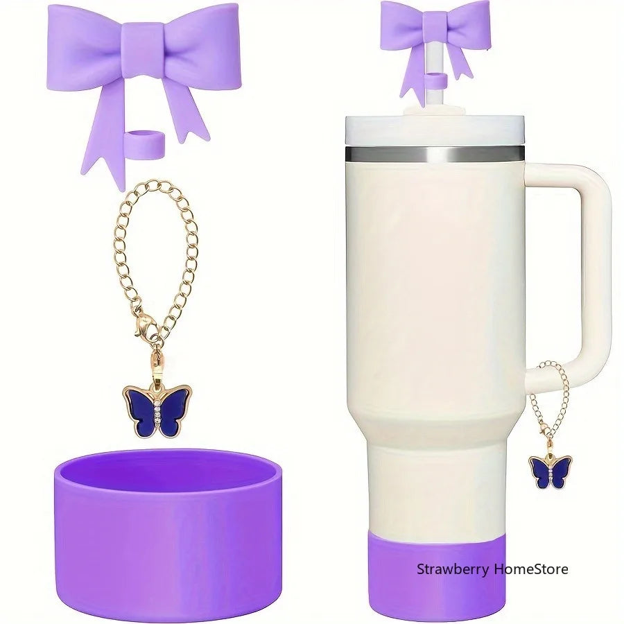 Juego de 3 Cubiertas de Silicona para Vasos con Diseño de Lazo y Cadena de Mariposa Rosa, Accesorios para Vasos de 30/40 oz ﻿