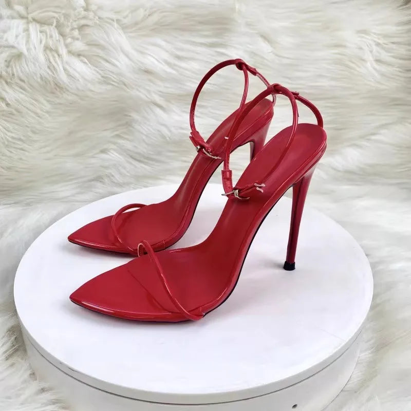 Nuevas Sandalias de Moda con Tira Recta 2026, Sandalias de Tacón de Aguja Rojas con Punta en Pico para Mujer