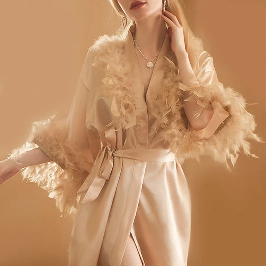 Nuevo estilo bata tipo kimono para mujer, ropa de dormir de satén con plumas para novia, dama de honor, bata de baño de boda, lencería íntima, camisón para dormir