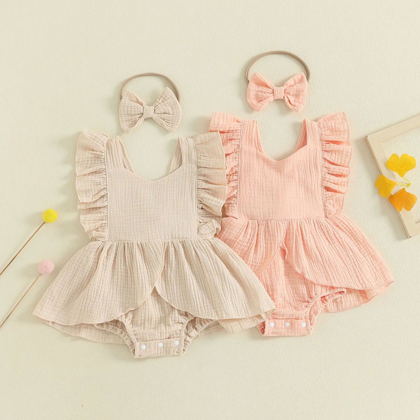 FOCUSNORM 0-18M encantador vestido mameluco para niñas cuello cuadrado manga voladora monos de Color sólido con conjunto de diadema con lazo