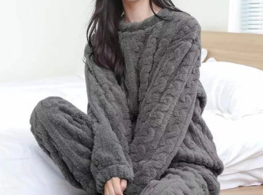 Otoño Invierno suelto dulce Casual pijamas conjunto de mujer de lana gruesa de manga larga Top hogar cintura elástica pantalones largos pantalones