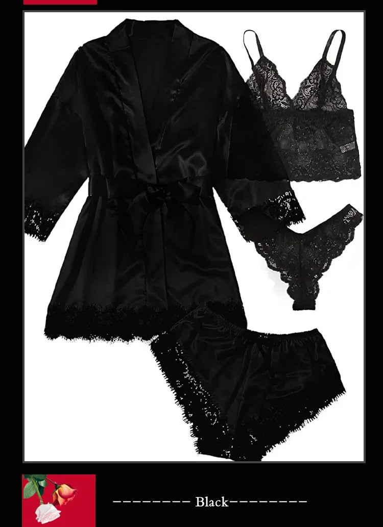 4 piezas ropa de dormir para mujer pijamas Ser con bata lencería de encaje Sexy Albornoz satén de seda ropa de dormir para el hogar bata