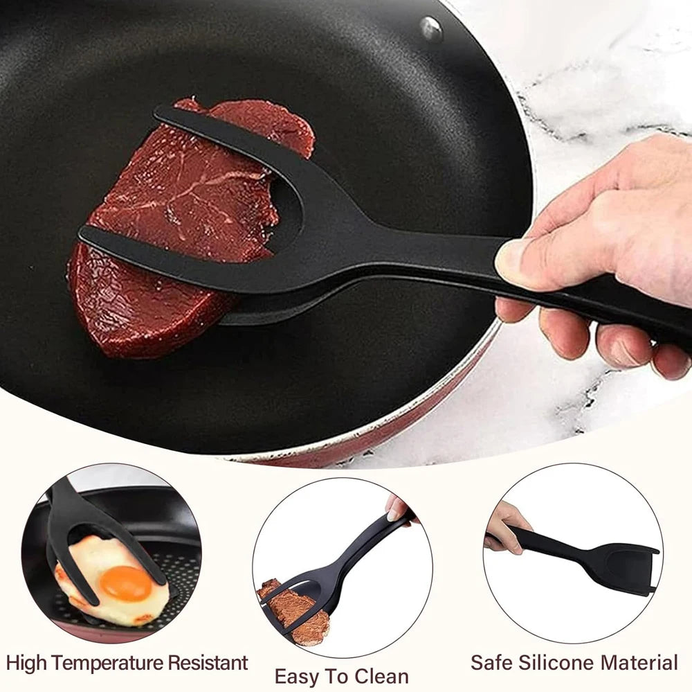 Nueva Espátula 2 en 1 con Pinzas, Espátula para Voltear Huevos, Espátula de Nailon con Revestimiento Antiadherente, Herramienta para Hacer Panqueques, Pescado, Tostadas Francesas y Omelettes