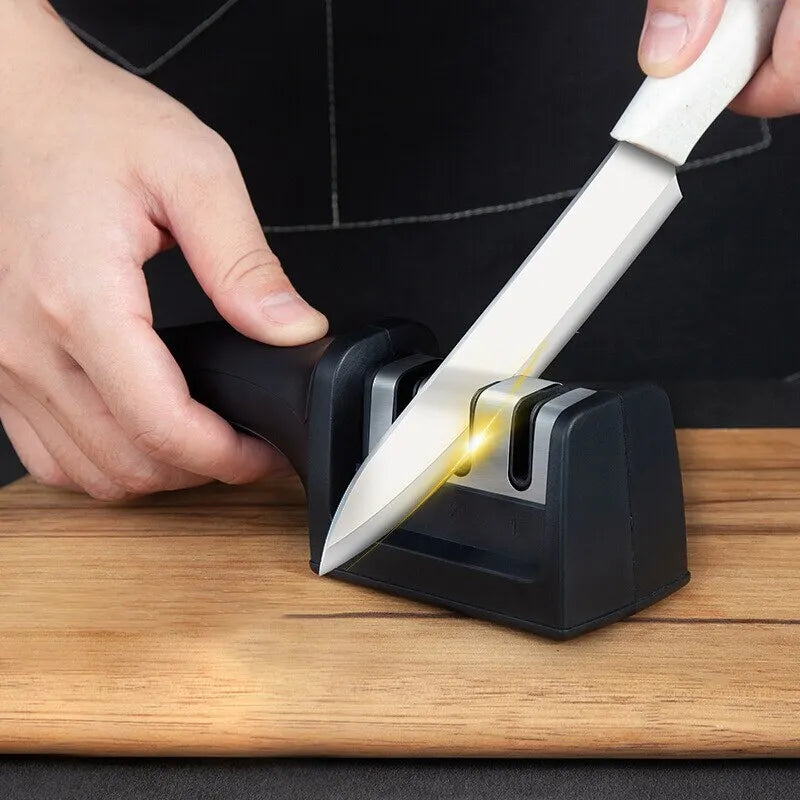 Afilador de cuchillos de tres segmentos para cocina, herramienta de cocina de piedra para afilar de tres usos, multifuncional, color negro, 1 ud.