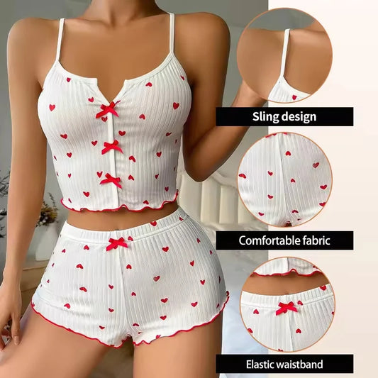 Ropa de dormir Sexy para mujer, conjunto de pijamas con estampado de corazón de seda, cuello en V, sin mangas, camisola informal, conjuntos de Top y pantalones cortos, traje para casa, ropa de descanso