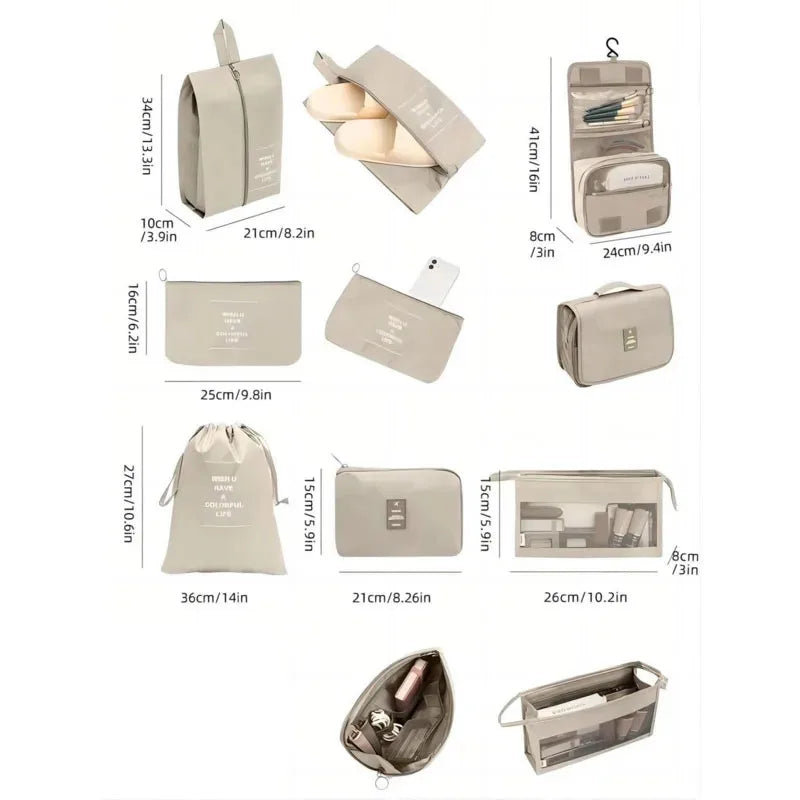 Juego de 7/8/9 piezas de bolsas de almacenamiento de viaje, artículos de tocador digitales, zapatos, bolsa organizadora de ropa, maleta, bolsa ordenada para ropa, juego de cubos de embalaje