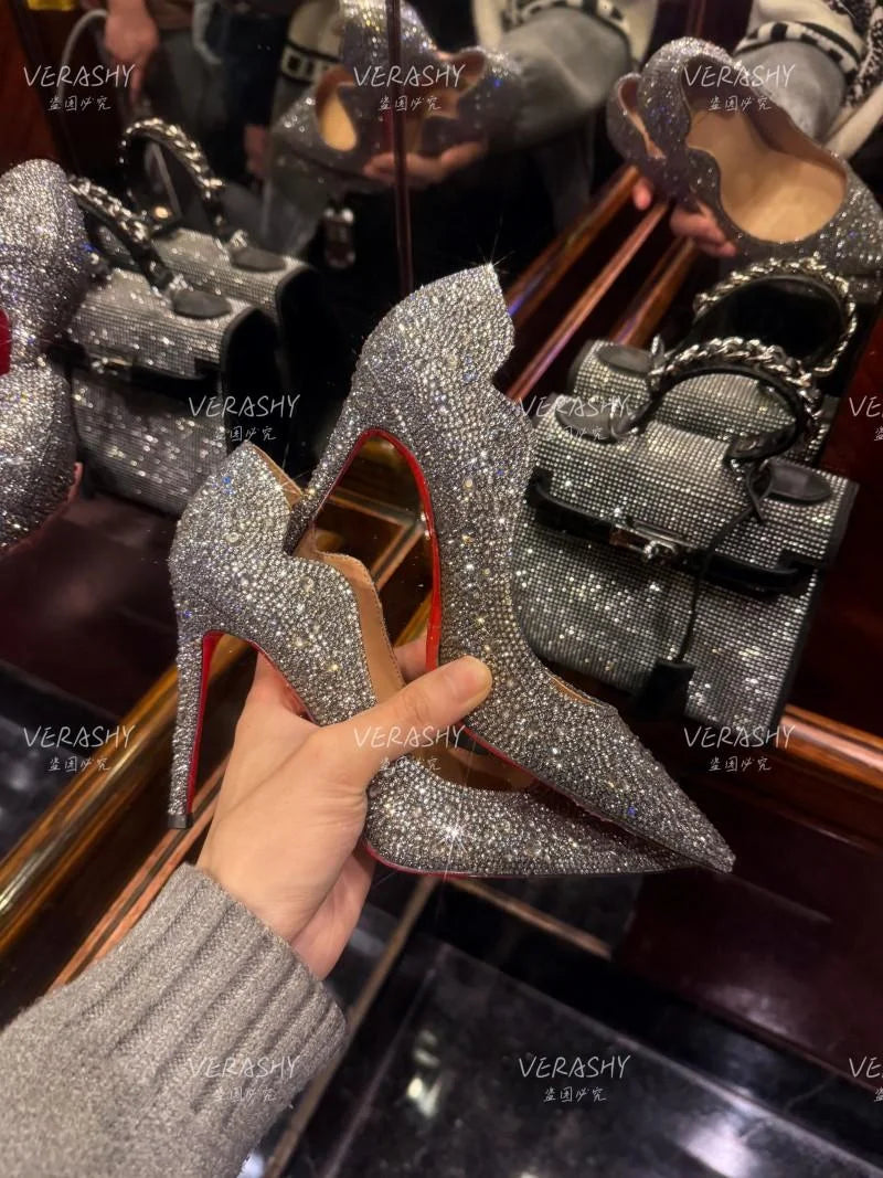 Tacones altos para mujer, primavera 20220, oro nuevo, Sexy, puntiagudos, franceses, finos con zapatos individuales, zapatos de boda de cristal para mujer, zapato de suela roja para mujer