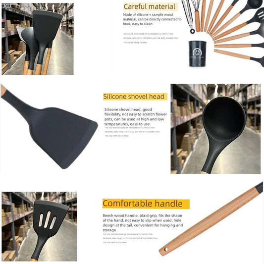 Juego de utensilios de cocina de silicona resistentes a altas temperaturas, pala con mango de madera, cuchara con fugas, herramienta, utensilio de cocina, accesorios para hornear
