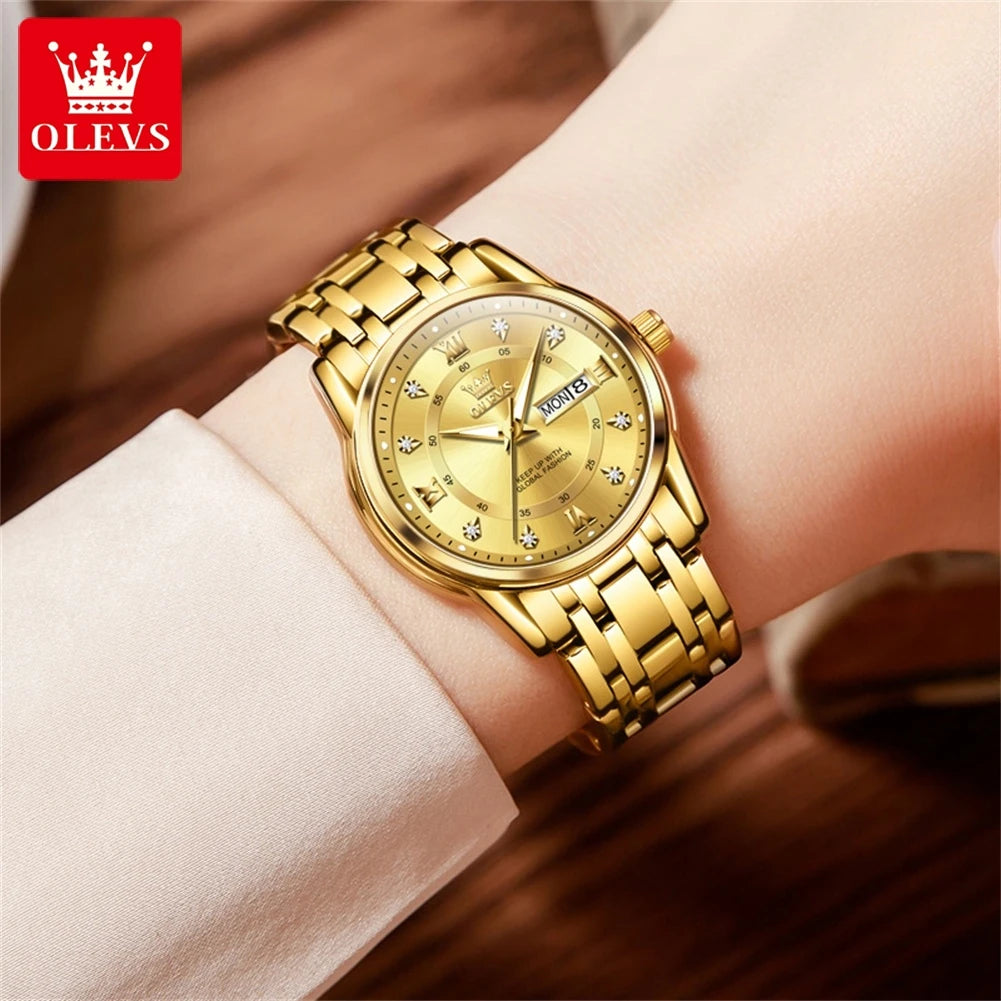 Relojes OLEVS para mujer, reloj de pulsera luminoso resistente al agua de acero inoxidable Original dorado a la moda, reloj clásico elegante para mujer con fecha
