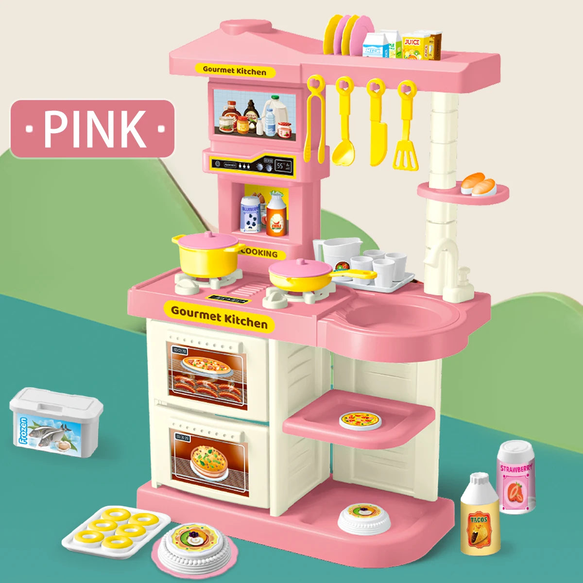 Los niños juegan accesorios de cocina, juego de juguetes, alimentos de cocina, sartenes, ollas de leche, pan, tenedor para niños mayores de 3 años y niñas