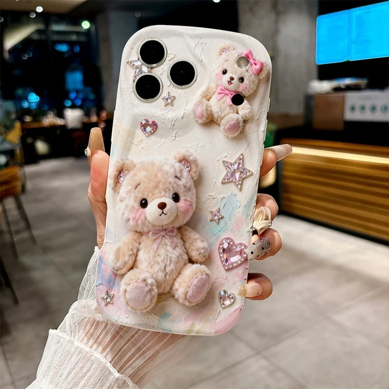 Funda para Teléfono con Diseño de Osito de Peluche Rosa y Patrón de Amor para iPhone 17 Pro Max, iPhone Air 16 Plus, 15, 14, 13, 12, 11, Carcasa Antigolpes