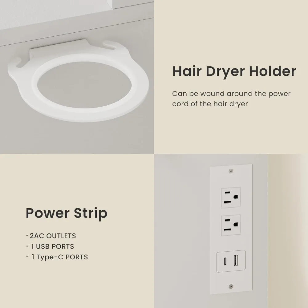 Tocador con espejo y luces, 9 cajones, 7 estantes, blanco, mesa de maquillaje de 43 pulgadas, USB y enchufes
