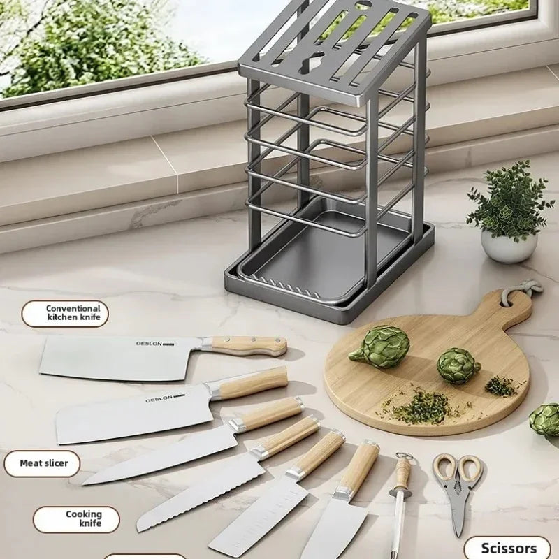Computador de encimera de cocina: estante para platos multifunción, soporte para cuchillos y almacenamiento de herramientas con bandeja de drenaje