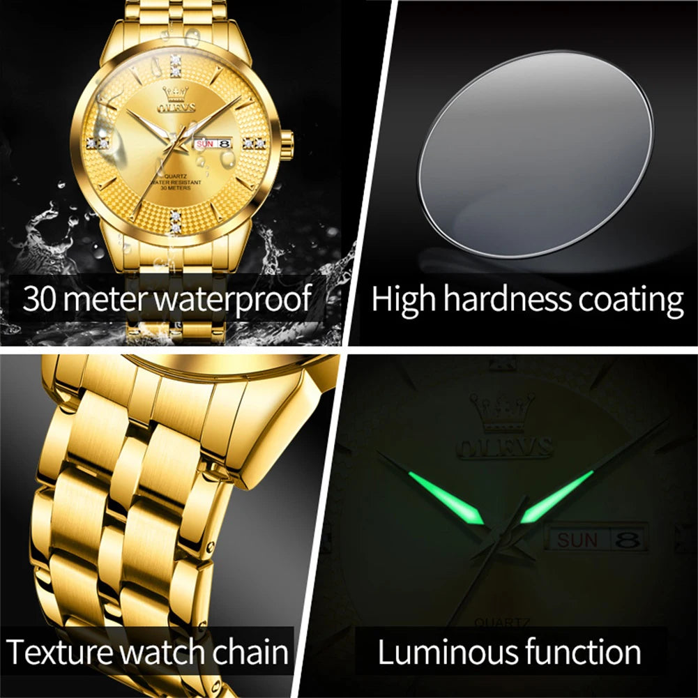 OLEVS 9917 New Mens Watch Original Quartz Watch Diamond Scale Waterproof Luminous Dual Calendar Display Mens Gifts Freebie Reloj