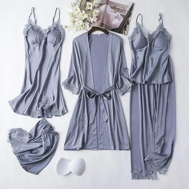 Conjunto de pijama de seda blanca para mujer, bata de boda de 5 piezas, camisón Sexy de encaje, ropa de dormir, Kimono, albornoz, lencería