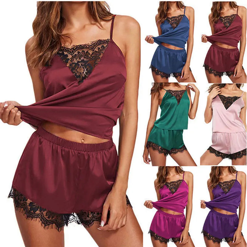 Conjunto de pijama de satén de encaje para mujer, ropa de dormir con cuello en V, lencería Sexy elástica, chaleco con tirantes, Top, pijama, pantalones cortos para dormir, conjunto de ropa de dormir