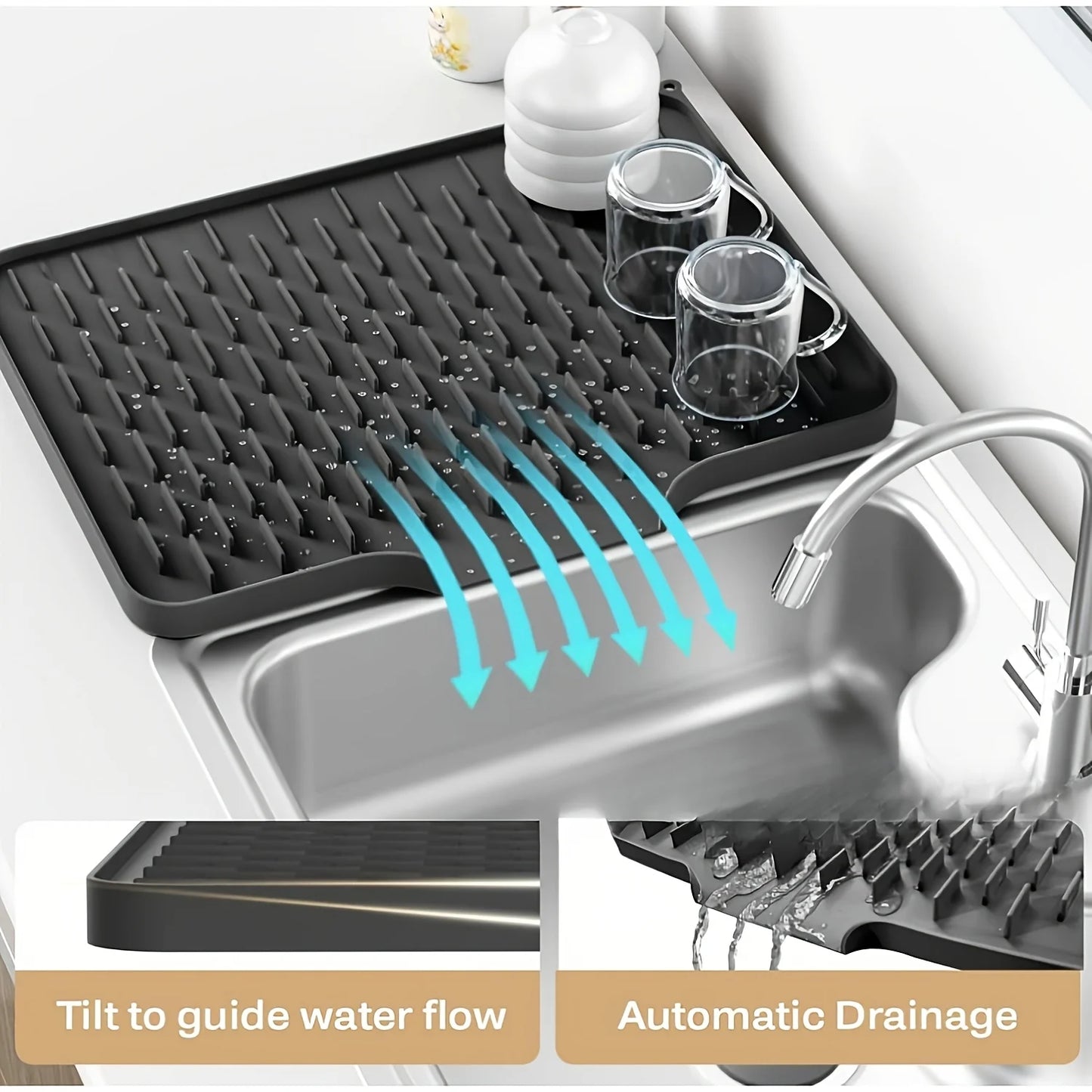 Estera de drenaje de silicona para cocina con diseño de drenaje incorporado, fácil de limpiar, adecuada para encimeras, fregaderos y refrigeradores