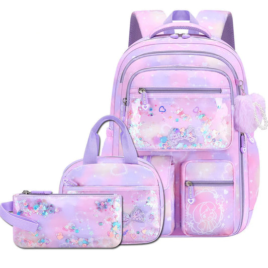 Mochila Escolar 2026 con Colgante de Amor, Juego de 3 Piezas, Decoración de Mariposas, Mochilas Escolares para Niñas, Estilo Princesa