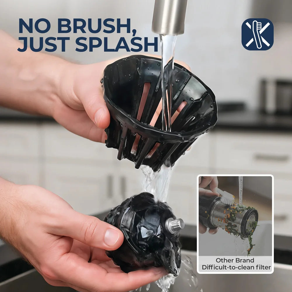 ROUNY Exprimidor lento, extractor de prensa en frío con sin filtro, máquina exprimidora de frutas eléctrica de fácil limpieza con gran calibre, negro