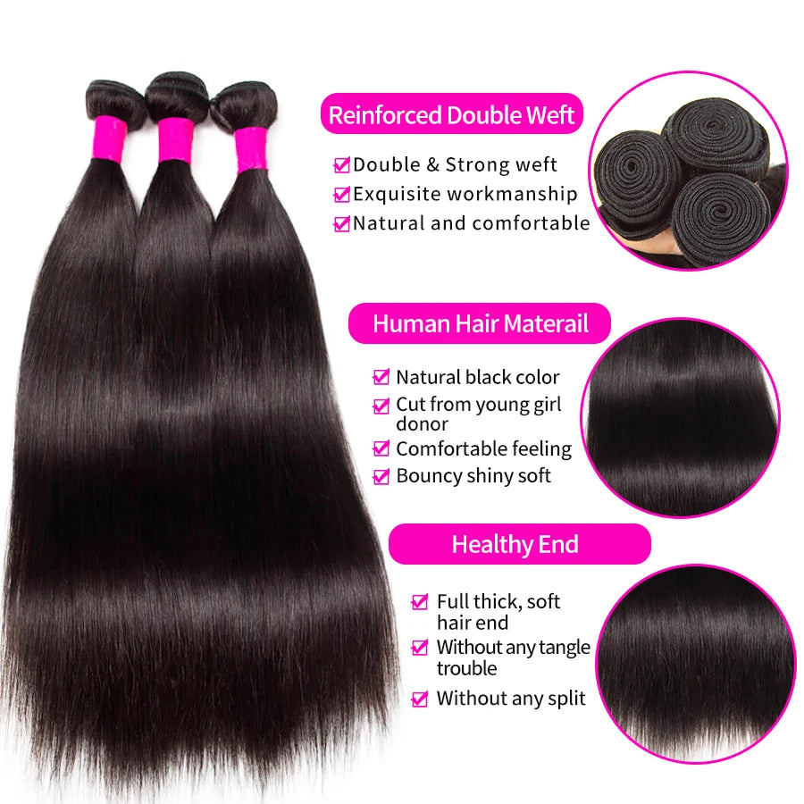 Extensiones de Cabello Humano Liso Sedoso, Cabello Brasileño Remy, 1/3/4 Piezas, Extensiones de Cabello Natural Negro, 14-30 Pulgadas
