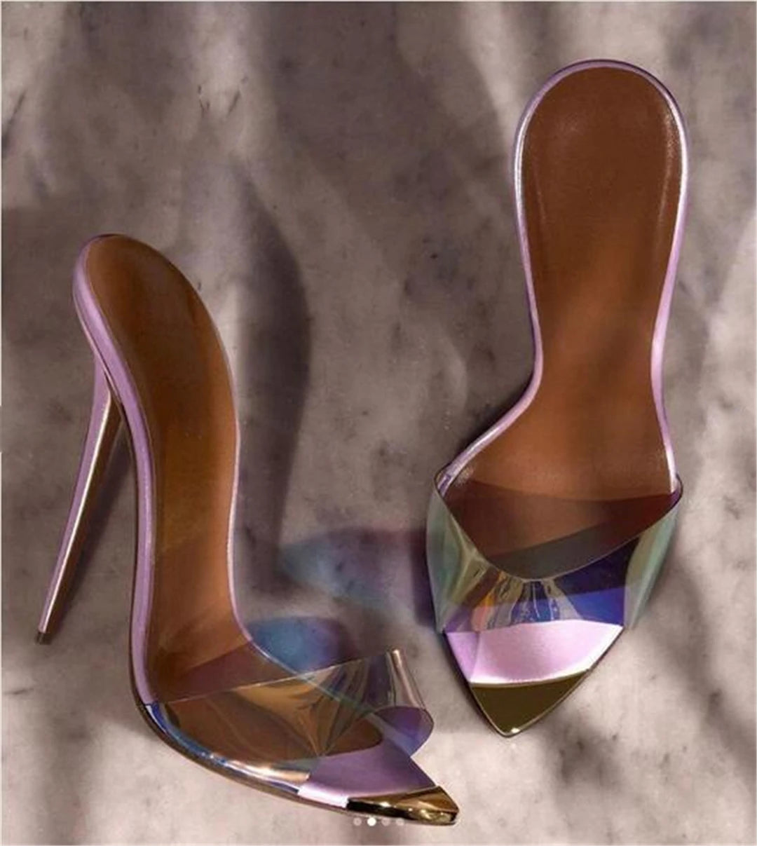 Novedad de verano, zapatillas sexis de moda de PVC transparente de charol puntiagudo, vestido de banquete de tacón alto fino, sandalia de mujer de gran tamaño
