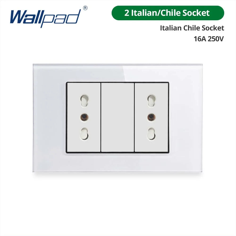 Wallpad Panel de vidrio templado blanco interruptor de luz de pared UE Reino Unido italiano Chile enchufe botón basculante 118*75mm 16A AC110-250V
