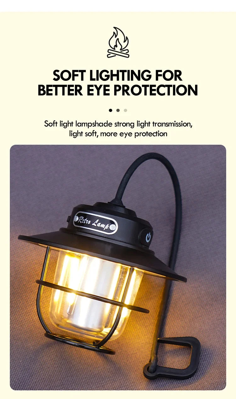 Lámpara LED para acampar, lámpara colgante Retro, luz portátil con atenuación continua para acampar, linterna de luz recargable impermeable para exteriores
