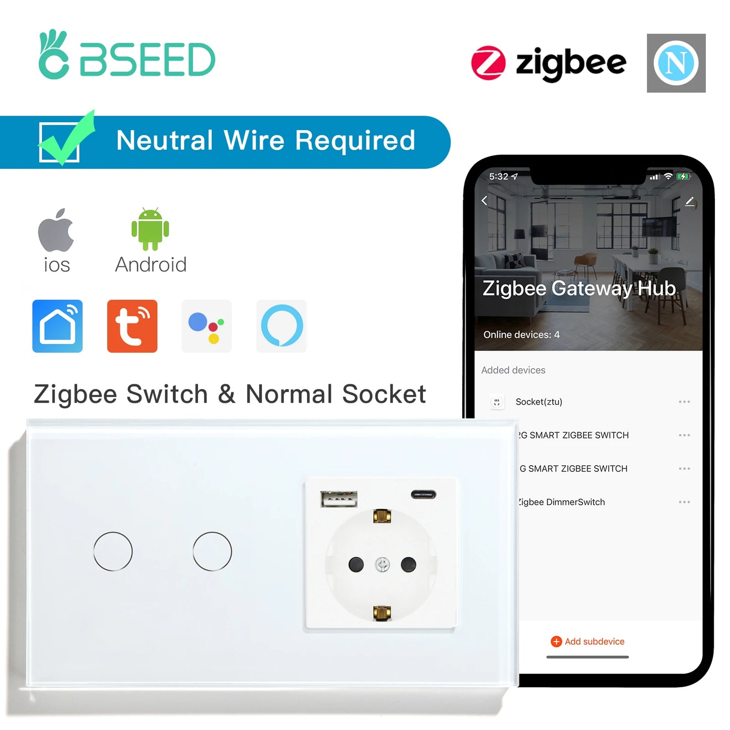 Interruptores BSEED Zigbee, interruptor de luz inteligente de 1/2/3 entradas, enchufes de pared normales de la UE, interruptores táctiles multicontrol, aplicación Tuya Smart Life Alexa
