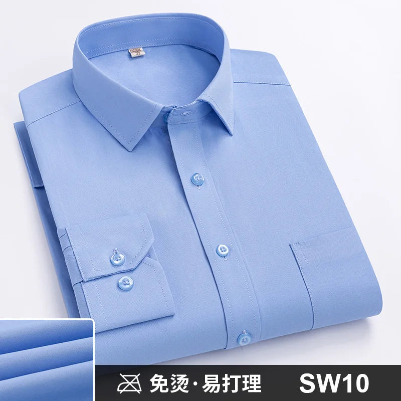 Camisa Formal de manga larga para hombre S ~ 8XL, camisas blancas de negocios de moda de gran tamaño a rayas de Color sólido, antiarrugas y sin planchar