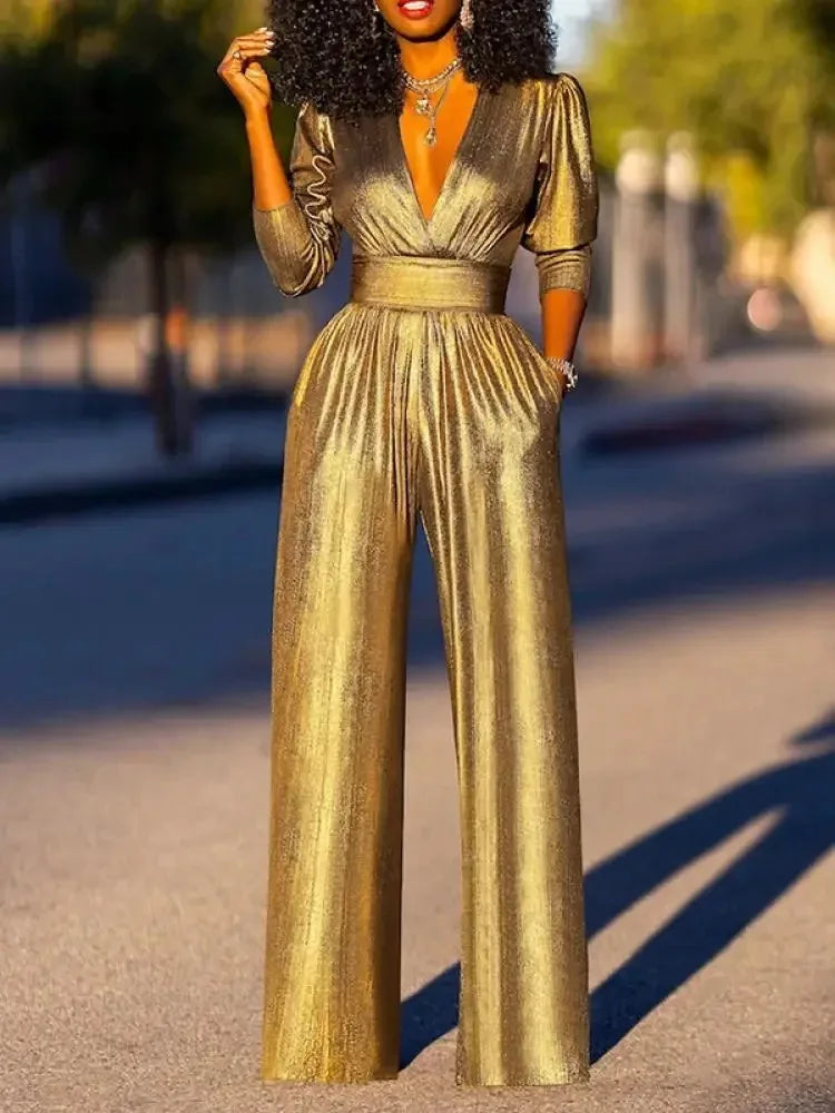 Uoozee moda femenina Sexy escote en V profundo monos de pierna ancha de cintura alta 2025 nuevas mangas largas Color sólido trajes de fiesta sueltos