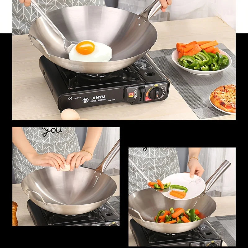 Wok grande de acero inoxidable, sartén de Chef duradera gruesa sin recubrimiento de alta calidad con asas dobles, fácil de limpiar para uso comercial, 1 ud.