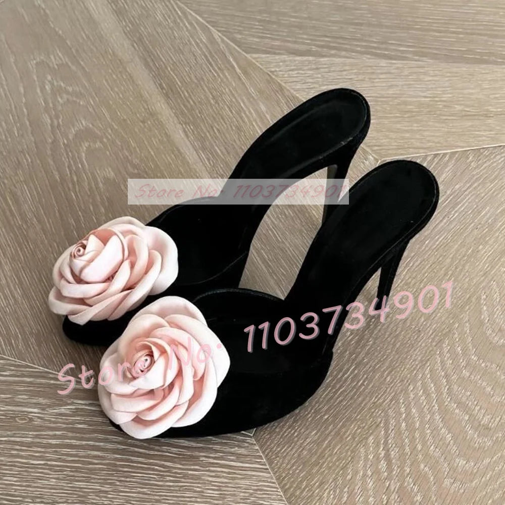 Mules de tacón alto fino de satén para mujer, zapatos aterciopelados con apliques florales, color rosa y rosa, elegantes y negros