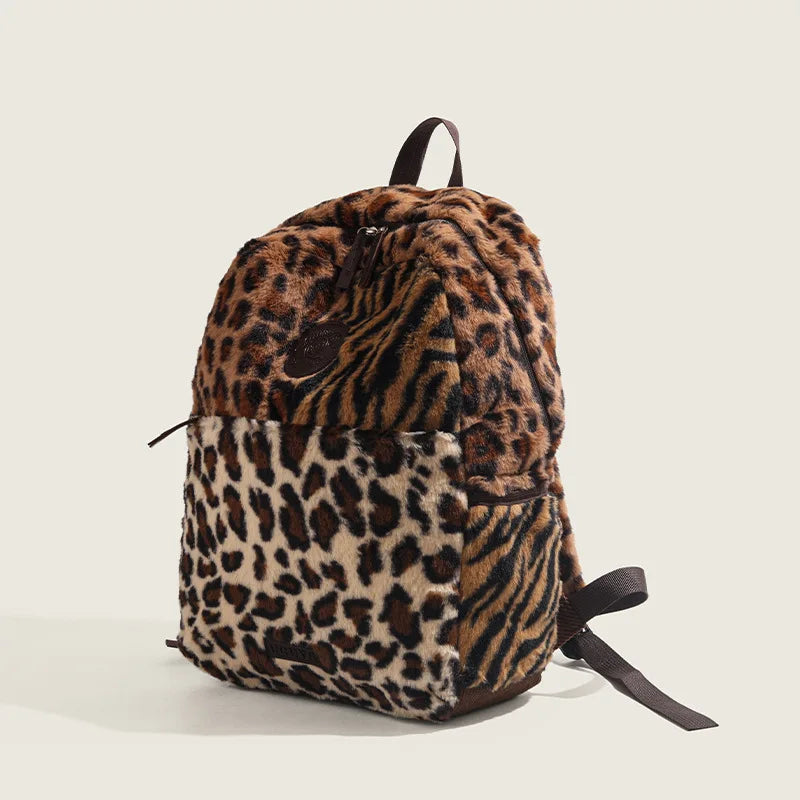 Mochila con estampado de leopardo, mochila de cabina de avión a la moda, bolso escolar de gran capacidad, bolsas suaves de felpa versátiles, Mochilas para Mujer 2025