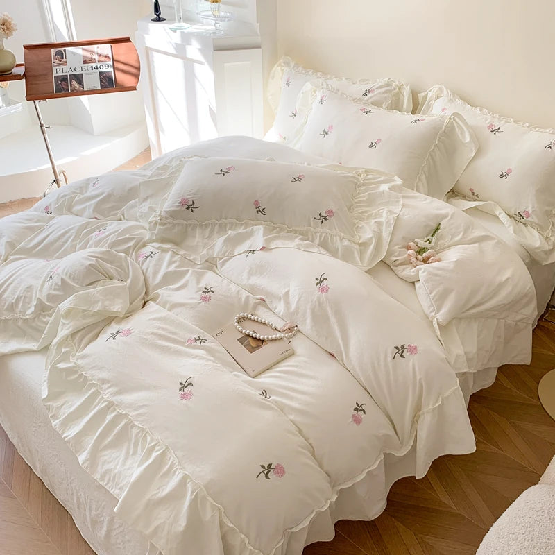 Juego de funda nórdica bordada con rosas de 3 piezas (1 funda nórdica + 2 fundas de almohada, sin núcleo), juego de cama de encaje estilo princesa