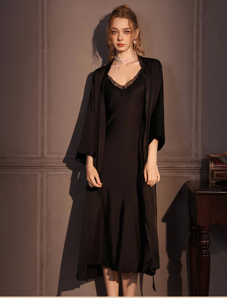 Conjunto de bata Twinset elegante para mujer, bata de baño tipo kimono largo, camisón de encaje Sexy, lencería, ropa de dormir nueva para primavera y otoño, vestido para casa