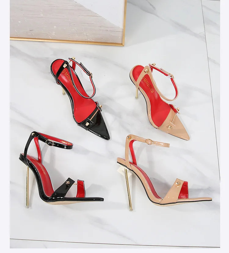 Sandalias de tacón alto con punta estrecha y decoración de Metal para mujer, zapatos de tacón súper alto con correa y hebilla de PU, zapatos de tacón para actuación en escenario de 12cm
